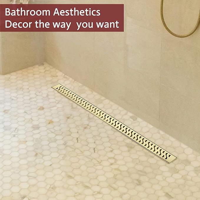 24 Inch Linear Shower Drain, Brushed Gold Shower Drain, Removable Grate, 304 Stainless Steel, Easy to Install and Clean for Bathrooms (Drain Base Not Included), LSD-51A-24G