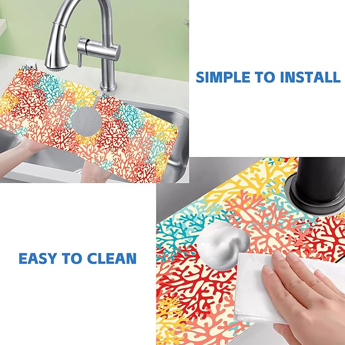 Colorful Sea Corals Dish Drying Mat for Kitchen Sink Splash Guard Behind Faucet Sink Mat Absorbent Fast Drying Faucet Draining Mat for Bathroom Kitchen 5.5"×15"