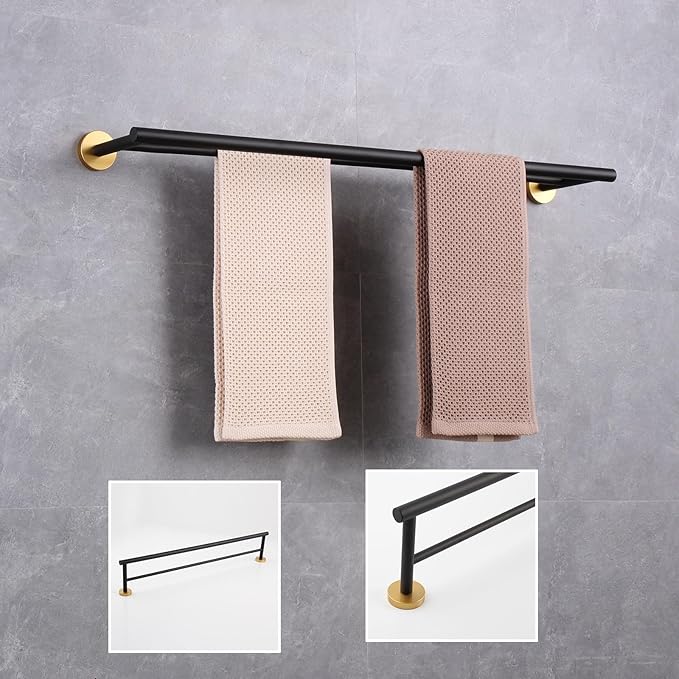 GERZWY Bath Double Towel Bar 30-Inch Stainless Steel Bathroom Towel Rail Wall Mounted Hand Towel Holder Black & Gold