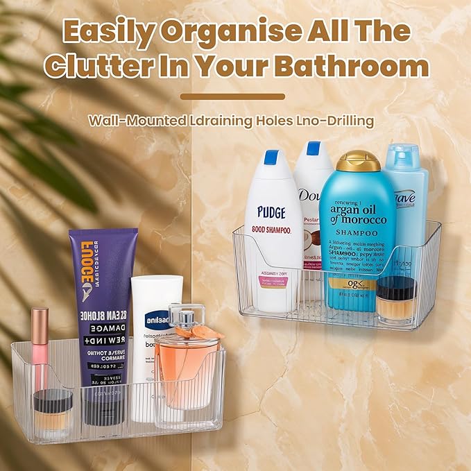 4 Pcs Storage Organizer Bins, Wall Mounted Shower Basket, Shower Caddy Stackable, Clear Plastic Makeup Organizer, Adhesive Hanging Bin for Bathroom, Kitchen, Pantry
