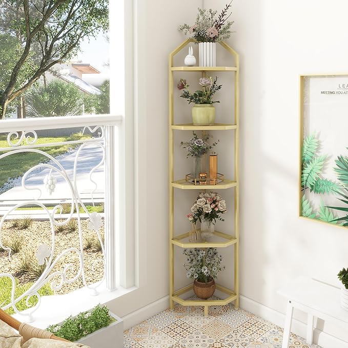 5-Tier Corner Shelf Stand, Gold Corner Bookshelf, Bathroom Storage Rack Shelf, Plant Rack, Tempered Glass, Steel Frame, Modern Style for Living Room, Bathroom, Kitchen, Metallic Gold