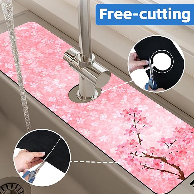 Spring Cherry Blossom Kitchen Sink Splash Guard Absorbent Fast Drying Mat Faucet Draining Guard Behind Faucet Drip Catcher for Kitchen Bathroom 5.5"24