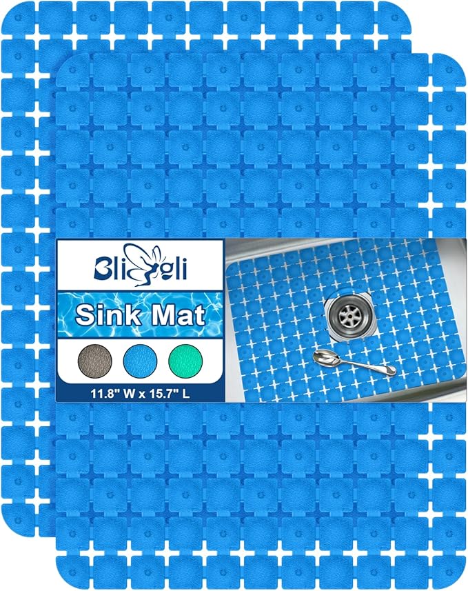 Bligli Sink Mat for Stainless Steel/Ceramic Sinks, 2 Pack 15.8x11.8 inches PVC Sink Protectors for Bottom of Kitchen Sink, Dishes and Glassware drain Mats, Durable and Fast Draining (Blue)