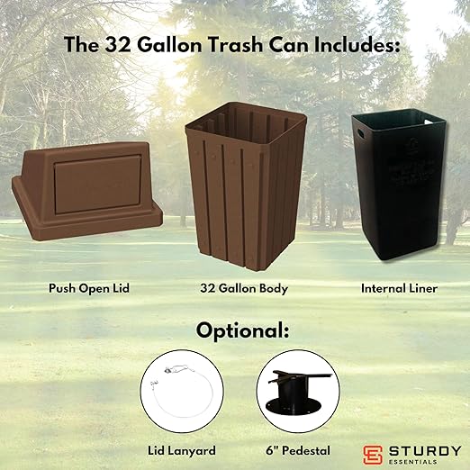Campus Collection 32 Gallon Square Slatted 100% Recycled Plastic Heavy-Duty Commercial Outdoor or Indoor Trash Can with Push Top Lid | Great for Schools and Businesses - Brown