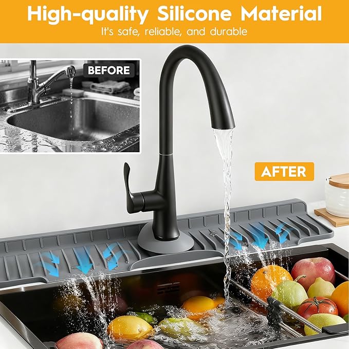24" Silicone Faucet Mat for Kitchen Sink Released in 2025/12TH,8° Slope Fast Self-draining, Bathroom Kitchen Sink Area Water Splash Guard Behind Faucet Draining Dark Grey