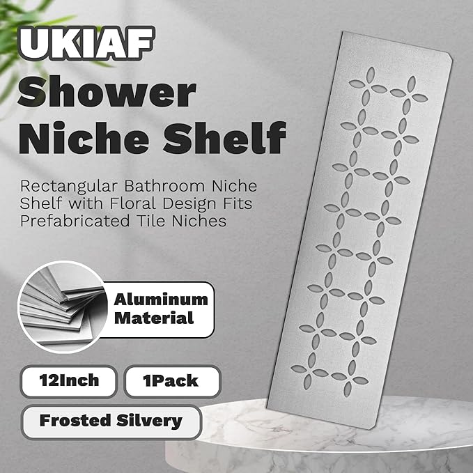 12 Inch Frosted Silvery Aluminum Material Shower Niche Shelf Rectangular Bathroom Niche Shelf with Floral Design Fits Prefabricated Tile Niches 1 Pack