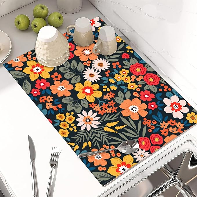Large Dish Drying Mat for Kitchen Counter,18"X24" Colorful Flowers And Plants Absorbent Reversible Microfiber Dish Drying Mat Dish Drainer Mat,Dishes Mat Drying Pad for Kitchen Countertop Coffee Bar