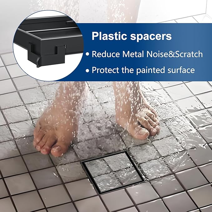 Neodrain 4-Inch Square Shower Drain with Removable Tile Insert Grate, 304 Stainless Steel, Includes Shower Drain Base Hair Strainer, Matte Black