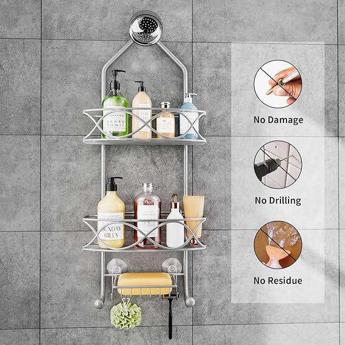 Shower Caddy Hanging 3 Tier with Two Movable Baskets, Grey Shower Caddy with Hooks for Towels, Sponge and More