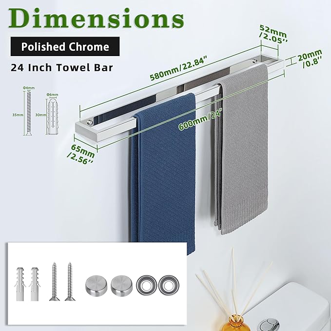 Alise Bath Towel Bar,Wall Mount Towel Holder Towel Rack Towel Hanger for Bathroom Lavatory,24 Inch SUS304 Stainless Steel Towel Rail,Polished Chrome