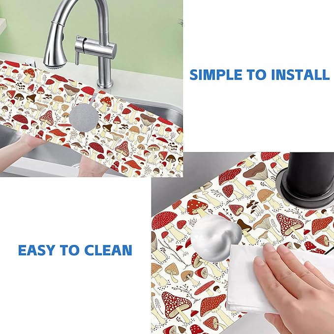 Cartoon Mushrooms Dish Drying Mat for Kitchen Sink Splash Guard Behind Faucet Sink Mat Absorbent Fast Drying Faucet Draining Mat for Bathroom Kitchen 5.5"×24"