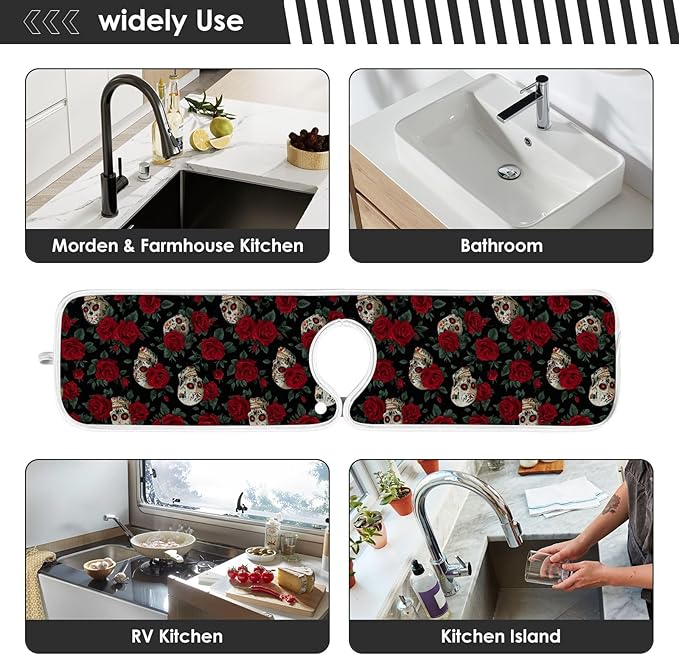 2 PCS Kitchen Sink Splash Guard 30 Inch Faucet Mat for Kitchen Sink Bathroom Sink Faucet Absorbing Drip Drain Mat Pad Microfiber Soft Washable Black Mexico Skulls and Red Roses