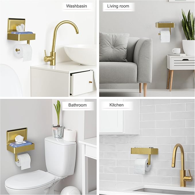 Brushed Gold Toilet Paper Holder Wall Mounted with Shelf & Wipes Storage – Stainless Steel SUS304 Modern Toilet Tissue Roll Holder for Bathroom, Kitchen – Adhesive and Screw Installation