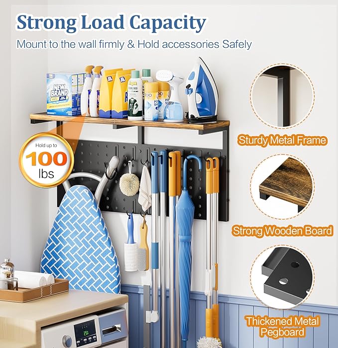 Ironing Board Hanger Wall Mount with Cleaning Supplies Organizer, Laundry Room Organization Storage Shelf with Iron Stand & Broom Mop Holder Hooks, Utility Rack for Home Garage Kitchen