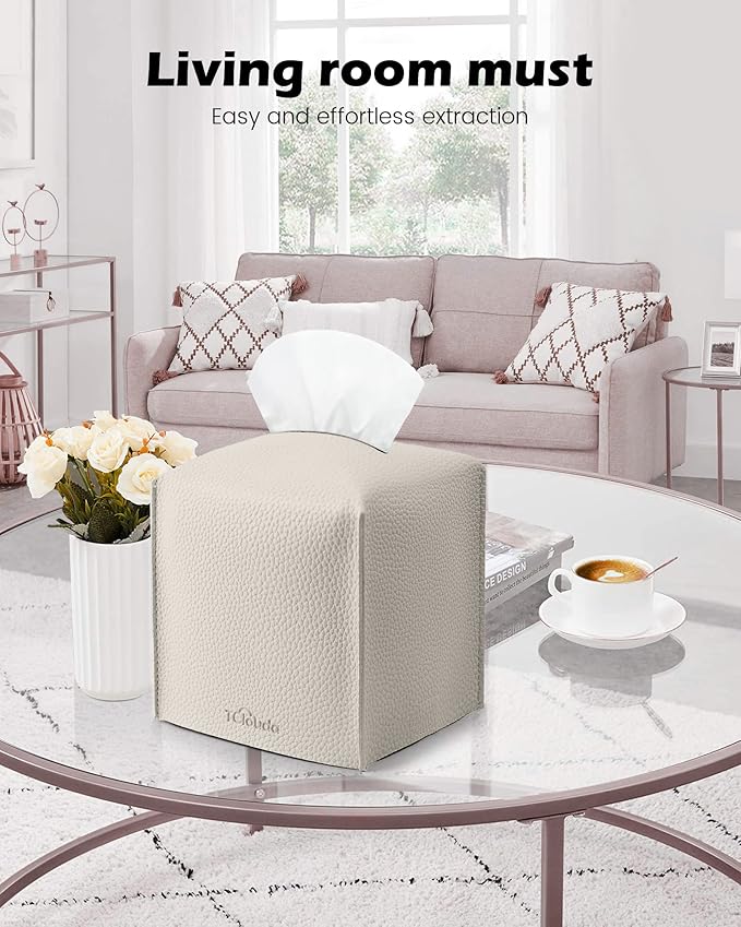 Tissue Box Cover for PU Leather, Modern Simple Solid Color Holder Square Tissue Bag, Ideal for Bathrooms,Office,Car,Outdoor Tent,Dining Table,5"X5"X5", Double Off-White