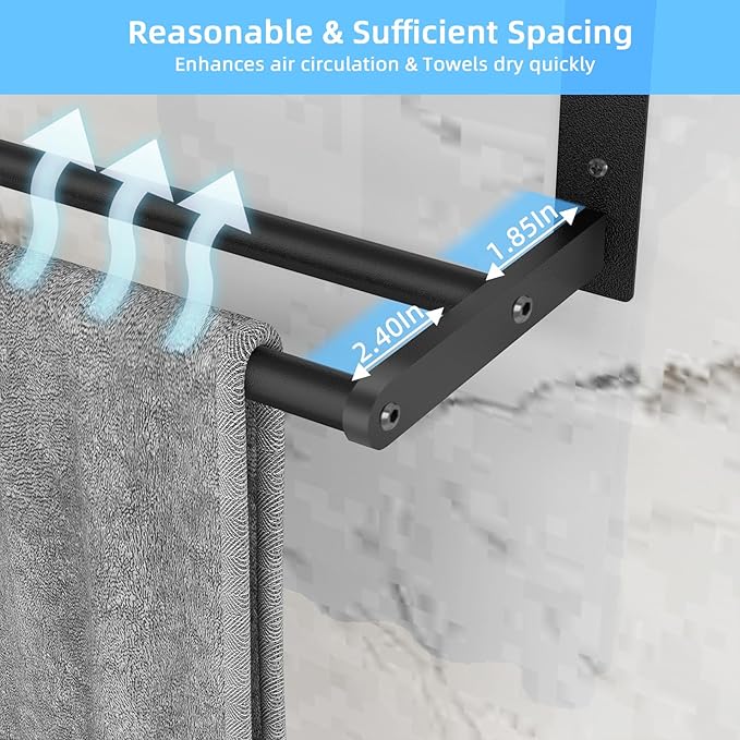 Bathroom Towel Rack 24", 2 Tier Towel Racks for Bathroom Wall Mounted, Bathroom Shelf with Double Towel Bar, Stainless Steel Towel Storage for Bathroom Lavatory Towel Holder Hanger, Black