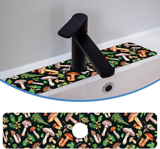 Mushroom Fern Leave Acorn Faucet Mat for Kitchen Sink Watercolor Forest, Soft Diatom Mud Material, Strong Water Absorption, Non-slip, Easy to Clean for Bathroom, Kitchen 23.5"X5.5"