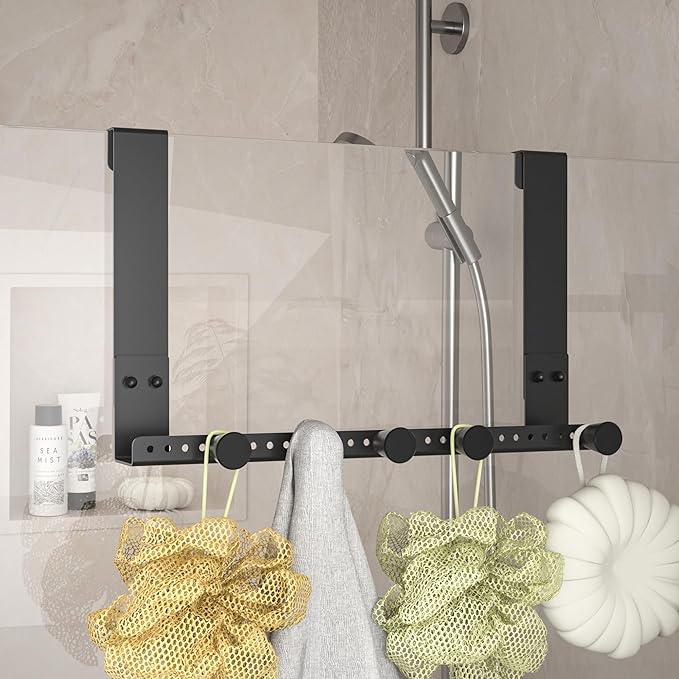 Shower Door Hooks, 7.5 Inch Bath Towel Hook for Frameless Glass Doors, 304 Stainless Steel Heavy Duty Robe Holder w/ 5 Hooks (Fit Frameless Shower Door up to 1/2" Thick)