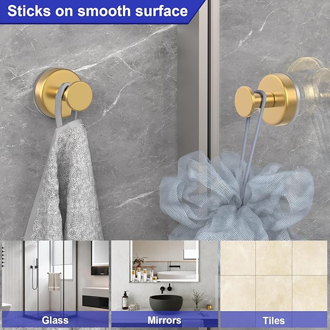 HUFEEOH 4 Pack Shower Suction Cup Hooks - Heavy Duty Gold Bathroom Holder for Towels, Robes & Accessories, Removable Vacuum Hooks for Glass, Tile, Mirror, Inside Shower - No Drill Strong Hold