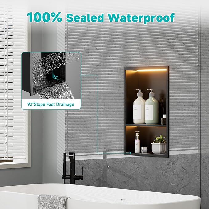 12" x 18" Stainless Steel Shower Niche with LED Lights – Recessed 2-Tier Shower Shelf, 12"x12" Upper & 12"x6" Lower Storage, Modern Bathroom Wall Niche (Black)
