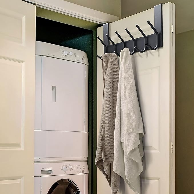 Dseap Over The Door Hook Hanger - 6 Hooks Over Door Coat Rack for Hanging Clothes Hat Towel, Black, 2 Packs
