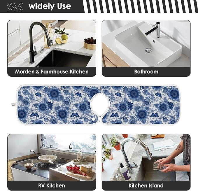2 PCS Kitchen Sink Splash Guard 23.6 Inch Faucet Mat for Kitchen Sink Bathroom Sink Faucet Absorbing Drip Drain Mat Pad Microfiber Soft Washable Vintage Beige and Blue Sunflowers Butterflies