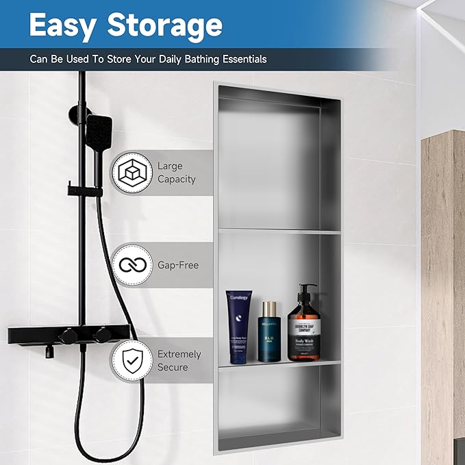 Shower Niche 13 × 31, 3 Shelves Wall Niche Recessed Shelf for Bathroom Storage, Shower Niche Insert Tile Ready No Tile Needed Over Mount Installation, Brushed Nickel