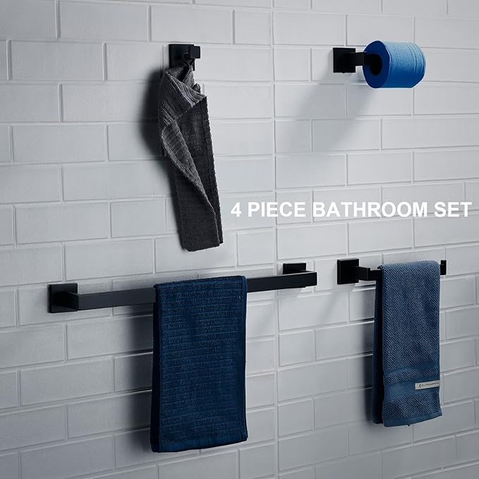 BAGNOLUX Matte Black Bathroom Accessories Set 4 Pieces, Bathroom Towel Holder Set Stainless Steel, Black Towel Bar Towel Racks for Bathroom Wall Mounted, Square Bathroom Hardware Set Heavy Duty