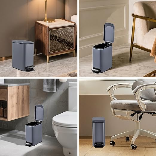 6 Liter 1.6 Gallon Small BathroomTrash Can with Soft Lid Garbage Can with Removable Inner Bucket Dust Bin Waste Bin Bathroom Garbage Can Pedal Powder Coated Metal Grey