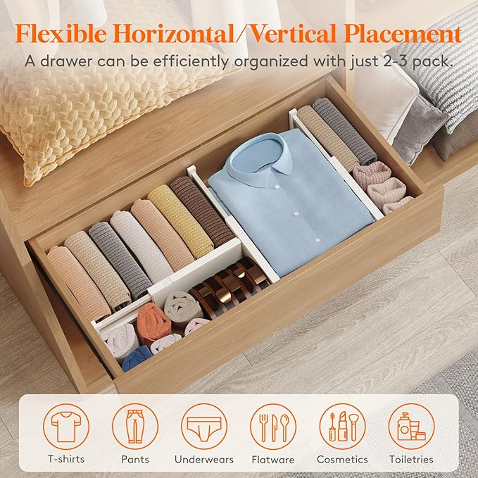 Lifewit 5 Pack Drawer Dividers 4" High, 11-17" Adjustable Dresser Drawer Organizers for Clothes, Expandable Dresser Separators in Bedroom/Bathroom/Kitchen/Vanity/Office Organization and Storage, Beige