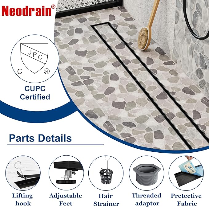 Neodrain 24-Inch Linear Shower Drain with Tile Insert Grate, Matte Black 304 Stainless Steel Rectangle Shower Floor Drain, Linear Drain with Leveling Feet, Hair Strainer