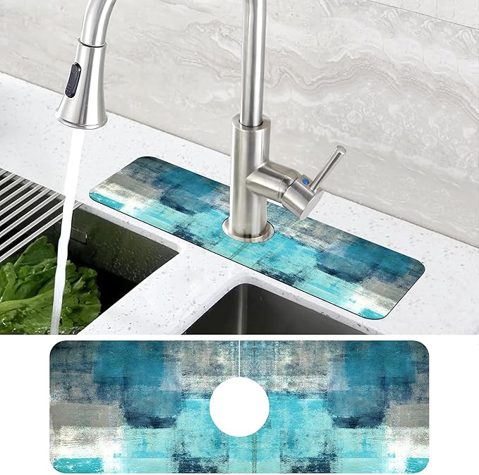Abstract Teal and Grey Geometric Dish Drying Mat for Kitchen Sink Splash Guard Behind Faucet Sink Mat Absorbent Fast Drying Faucet Draining Mat for Bathroom Kitchen 5.5"×15"