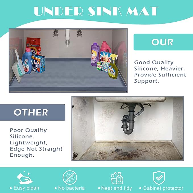 URMONA Waterproof Silicone Under Sink Mat 22'' x 22'' Shelf Liner for Kitchen and Bathroom, Cabinet and Counter Protector, Storage and Organizers, Litter Mat, Pet Cat Puppy Essentials(Navy)