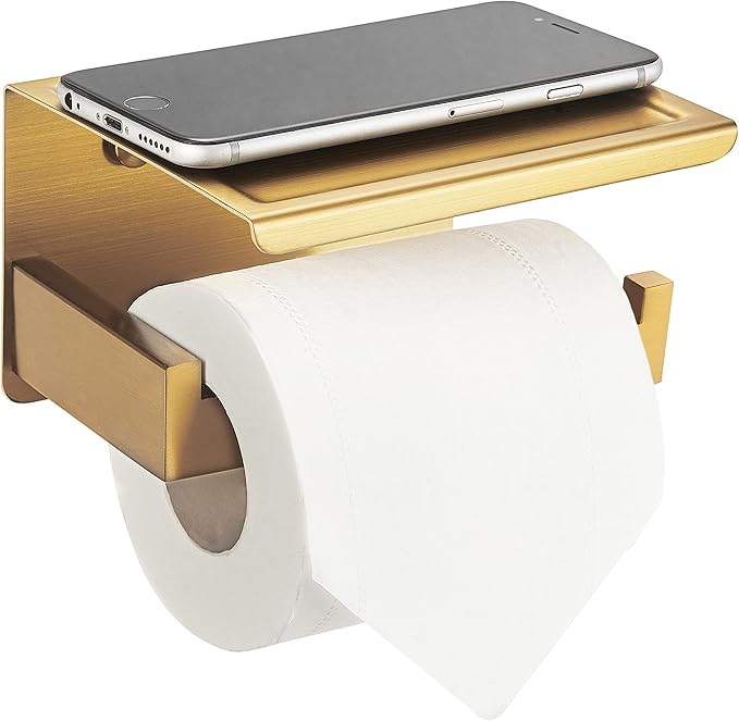 HITSLAM Gold Toilet Paper Holder, Stick on Brushed Brass Toilet Paper Holder with Shelf, Self Adhesive No Drill or Wall-Mount with Screws for Bathroom