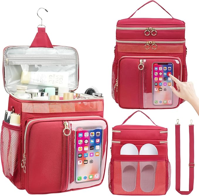 Portable Shower Caddy College Dorm Essentials, Large Toiletry Bag for Women Men, 2 Layers Quickly Dry Mesh Bathroom Tote Bag, Hanging Makeup Organizer Bag for Travel, Gym, Camping (Wine Red)