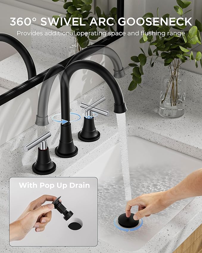 FORIOUS 3 Hole Rv Bathroom Faucet Black and Chrome, 2 Handle Mix Color Matte Black and Polished Chrome Bathroom Sink Faucet 3 Hole, with 360° Rotating Spout, Pop-up Drain, and Supply Line