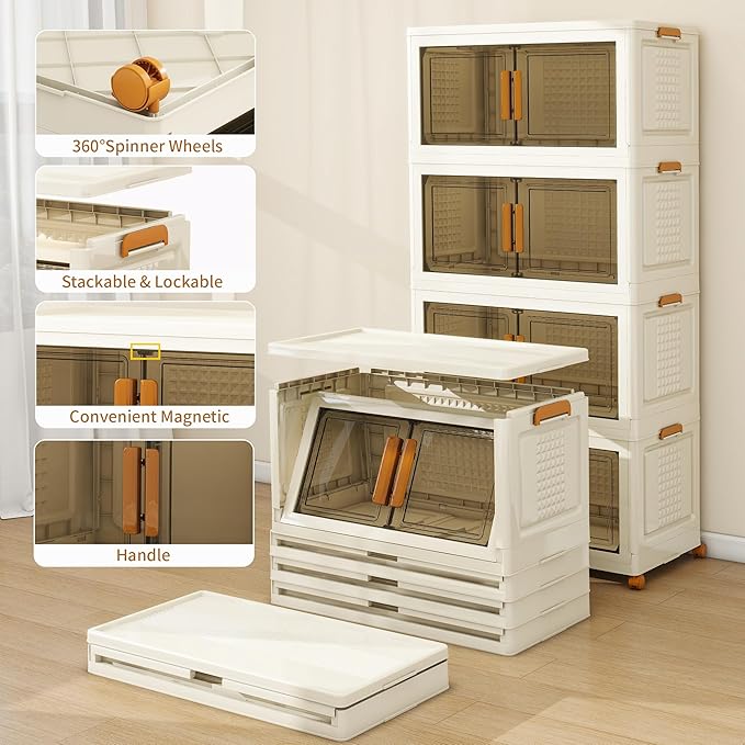 Plastic Stackable Storage Bins with Lids and Wheels, 358.4QT-89.6QT*4Tier Foldable Closet Organizers and Containers, Collapsible Clear Drawer Storage Cabinet with Doors Ivory White