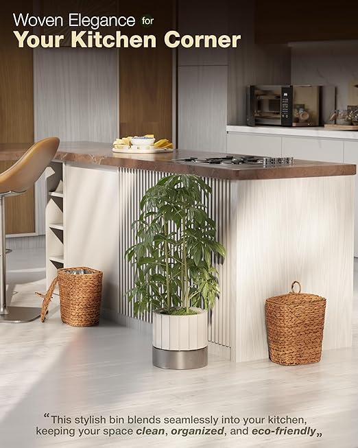 BLUEWEST 2.6 Gallon Wicker Trash Can with Lid, Handwoven Rattan Trash Can, Woven Decorative Wastebasket, Wicker Waste Basket with Removable Plastic Inner Bin for Bathroom, Bedroom, Office, or Kitchen