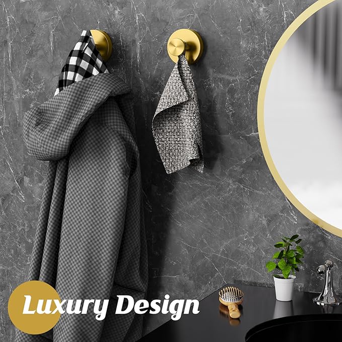 Suction Cup Hooks,No Drill Shower Hooks for Inside Shower,Heavy Duty Towel Hooks for Wall,Bathroom,Kitchen,Glass,Mirror,Tile to Hang Towels,Loofah-Gold(2 Pack)