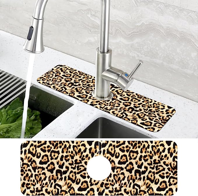 Abstract Brown Leopard Dish Drying Mat for Kitchen Sink Splash Guard Behind Faucet Sink Mat Absorbent Fast Drying Faucet Draining Mat for Bathroom Kitchen 5.5"×15"
