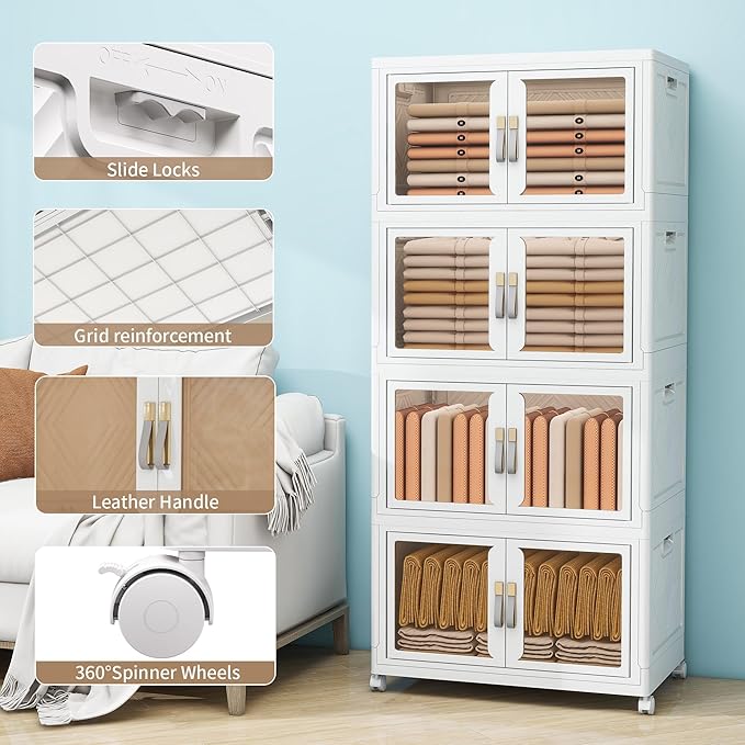 Large Stackable Storage Bins with Lids, 440QT-110QT*4Tier Foldable Cabinet for Closet Organizers, Plastic Storage Containers Box with Wheels