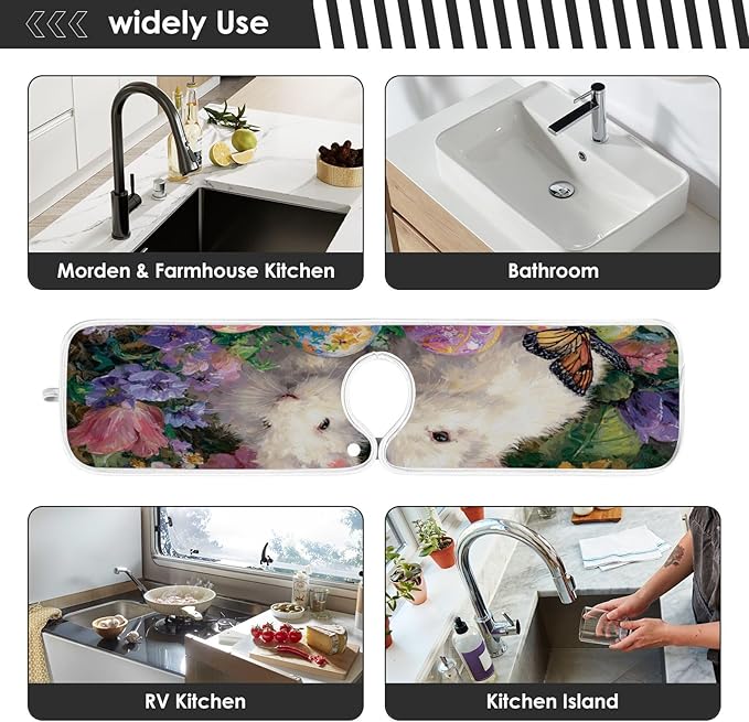 2 PCS Kitchen Sink Splash Guard 30 Inch Faucet Mat for Kitchen Sink Bathroom Sink Faucet Absorbing Drip Drain Mat Pad Microfiber Soft Washable Easter Bunny Eggs Flowers Butterfly