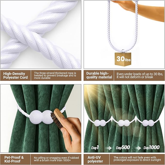 Hion Magnetic Curtain Tiebacks White 6 Pack, Curtain Tiebacks Buckles Holdbacks Holders Hooks Clip for Home Bedroom Office Decorative Thick or Thin Curtain
