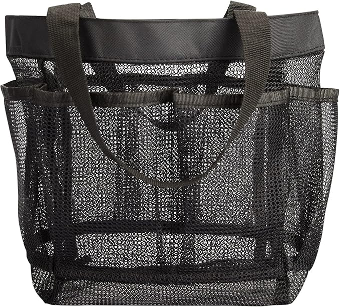 HAOGUAGUA Mesh Shower Caddy Tote Bag 8 Pockets, Hanging Portable Toiletry Bag for Men and Women, College Dorm Essentials Quick Dry Bath Organizer for College Dorms, Gym, Camp (Black)