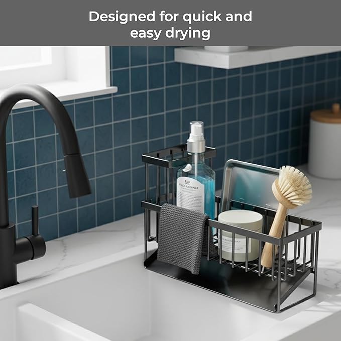 Black Stainless Steel Sponge Holder for Kitchen Sink with Rotating Drain Spout and High Brush Holder — Stainless Steel Sink Organizer for Sponges, Brushes, Soap and Bottles, Includes 2 Bear Sponges