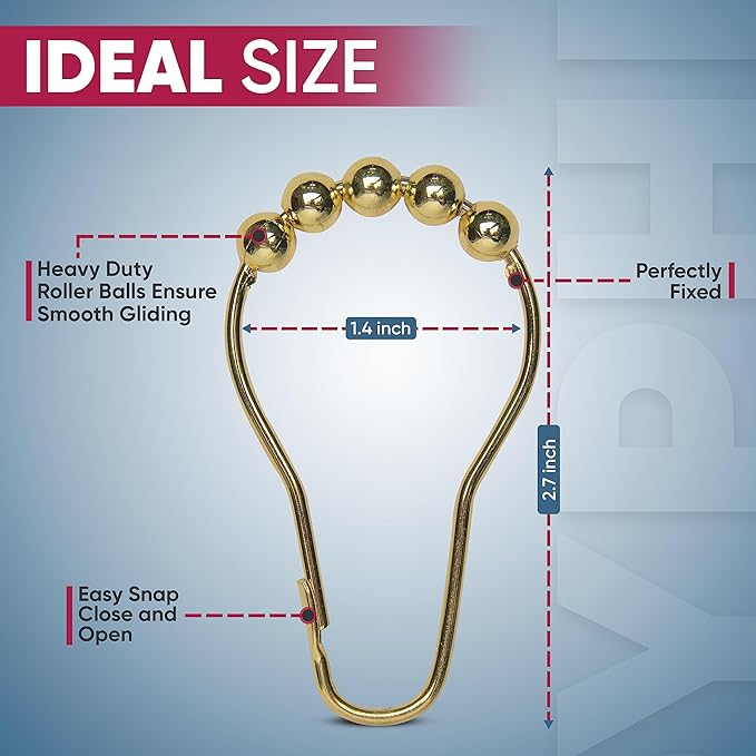 Shower Curtain Hooks Rust Proof (Set of 12) - Stainless Steel Shower Curtain Rings - Anti Slip Roller Balls for Easy Glide (Secure Lock Hooks, Polished Gold)