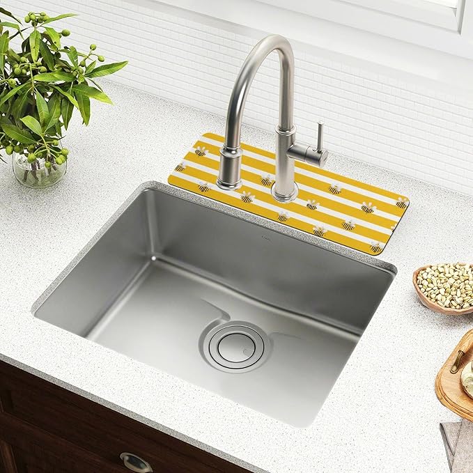 Kitchen Sink Splash Guard 1 PC 30 Inch Sink Faucet Mat Splash Guard for Bathroom Countertop Water Absorbent Foldable Cuttable Soft Washable Yellow and White Striped Bees01