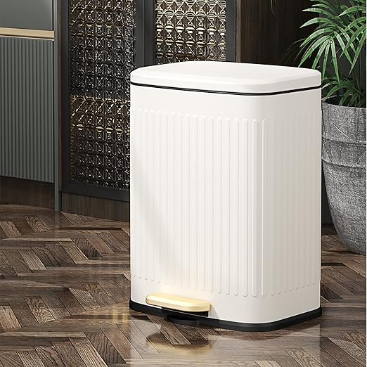 MRBIN Metal Bathroom Trash Can with Lid, Step Small Kitchen Waste Basket Touchless Soft Close, 12L / 3.2gal Rectangle Garbage Bucket with Stainless Steel Pedal for Office, Bedroom Accessories, White