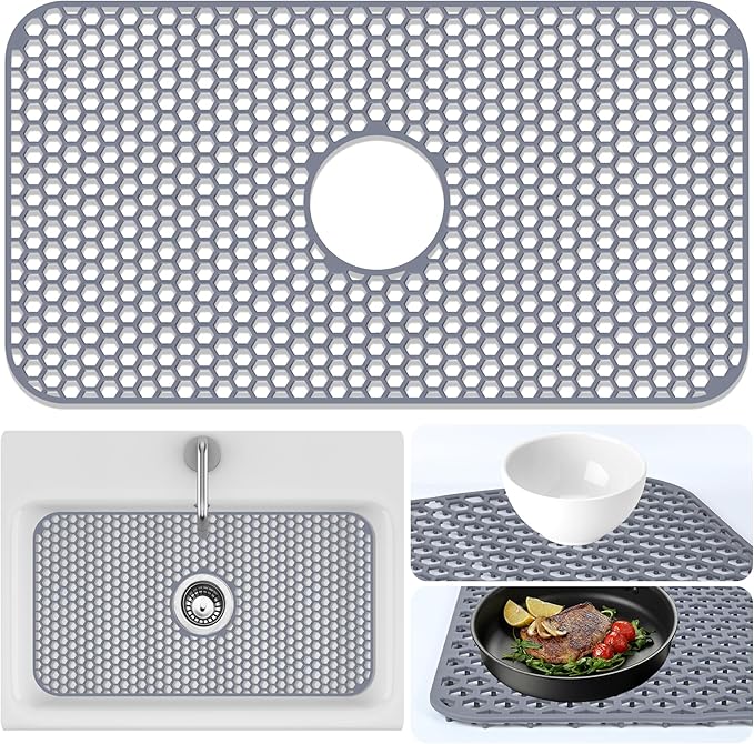 Sink Protectors Mat - 24.8"x13" Kitchen Sink Pad for Bottom of Basin for Protection of Stainless Steel and Tableware, Farmhouse Rubber Basin Mat Protector with Center Drain - Light Gray