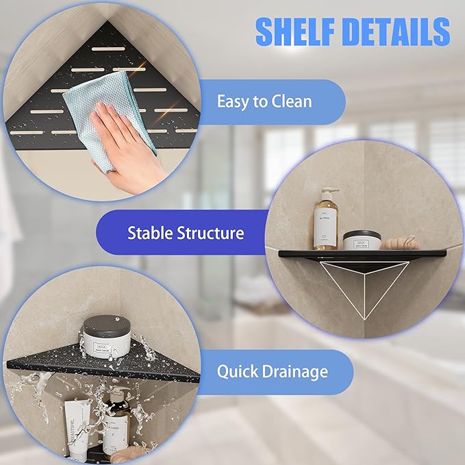 Neodrain 12 Inch Matte Black Corner Shelf Set of 2,Shower Shelves for Tile Wall Insert, 304 Stainless Steel Storage for Bathroom, No Drilling
